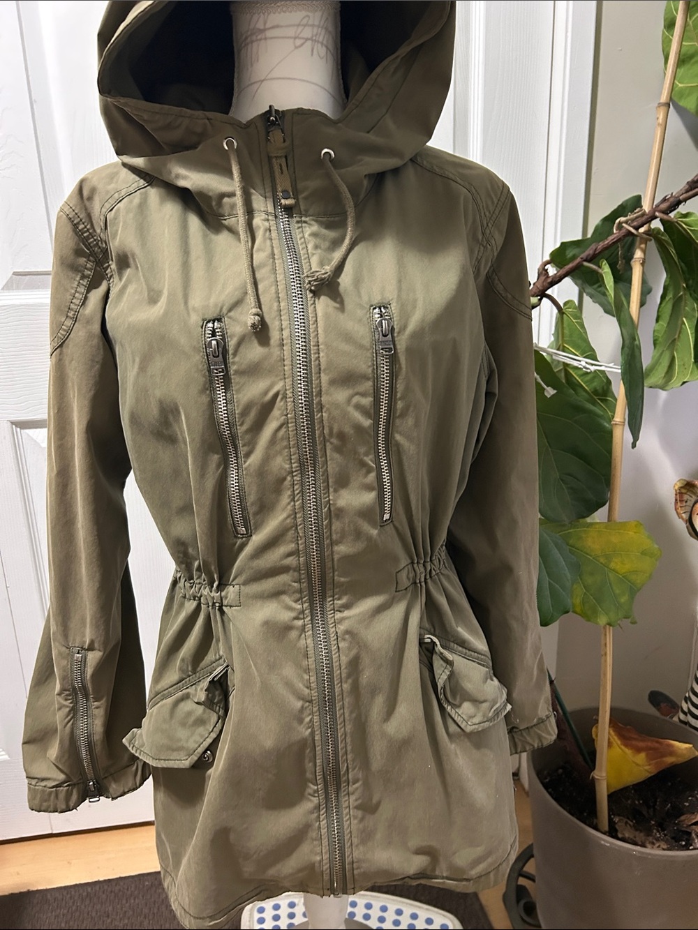 TNA Olive Green Hooded Utility Jacket with Drawstring Waist